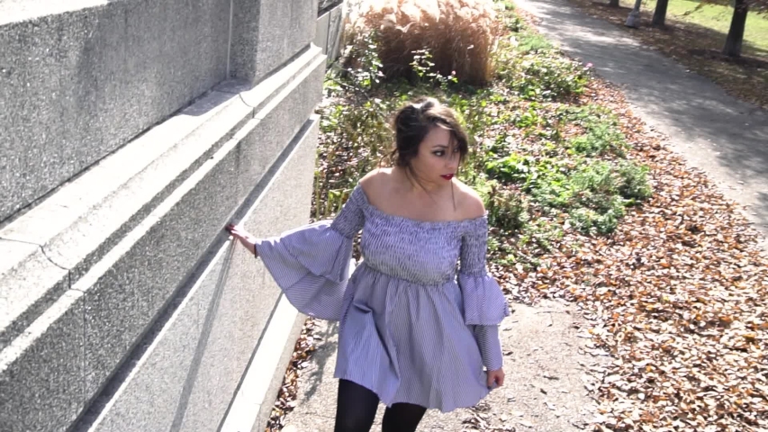 beautiful Latina woman wearing a trendy skirt is walking around causally in a lush green park located in downtown Chicago. the leaves slowly change color in the serene garden landscape