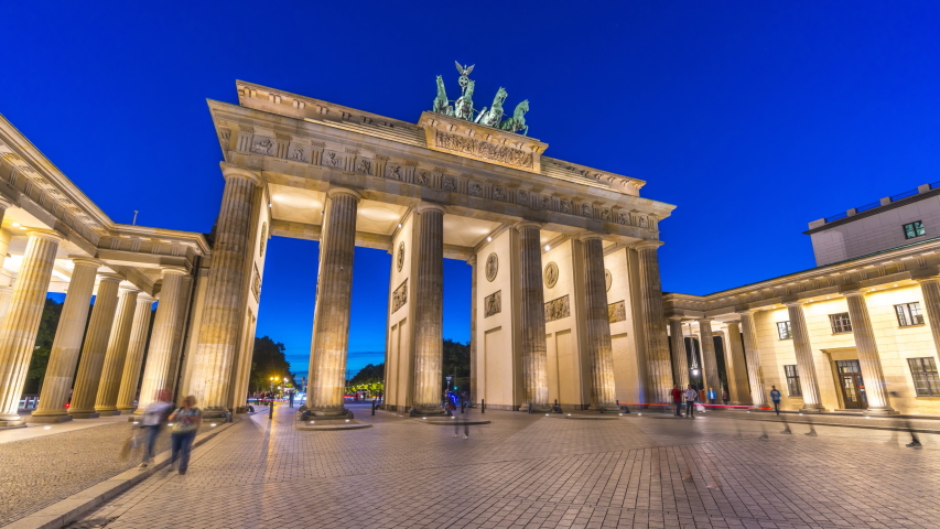 Berlin Brandenburg Gate night Germany  time lapse hyperlapse footage in 4K. Berlin skyline street at night. Berlin skyline at night. Royalty-Free Stock Footage #1042016227
