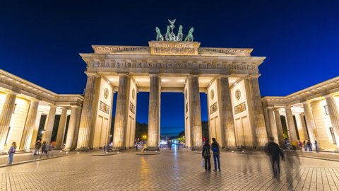 Berlin Brandenburg Gate night Germany  time lapse hyperlapse footage in 4K. Berlin skyline street at night. Berlin skyline at night.