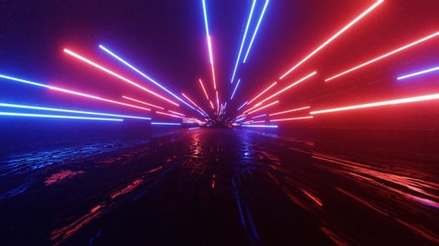 Horizontal glowing lines move in space. Abstract fluorescent background. Hyperspace. Neon background. 4K loop animation.