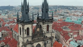 Prague is the capital of the Czech Republic: November 2019. Tyn Church and Views of the beautiful old city. drone view