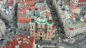 Prague is the capital of the Czech Republic: November 2019. Church of St. Nicholas and Views of the beautiful old city. drone view