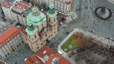 Prague is the capital of the Czech Republic: November 2019. Church of St. Nicholas and Views of the beautiful old city. drone view