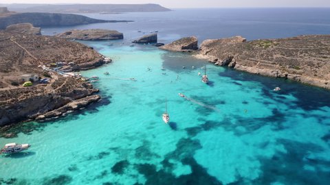 Aerial drone video of Blue lagoon Gozo Malta Comino island. Best beaches of Mediterranean Europe