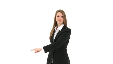 Woman stands in front of white background and shows a red statistic left to right