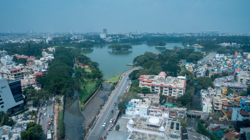 Day to Night Time lapse of Bangalore City Center Area With Large Lake in the Middle