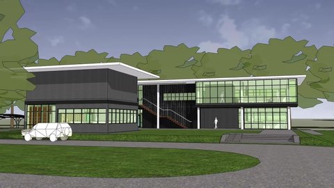 Simulation of exterior view for office building and green area in cement factory