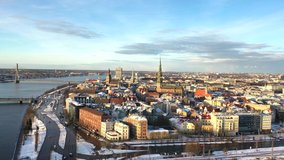 Aerial video from flying drone panoramic to Old Riga on a Beautiful Sunny Winter Day (series)