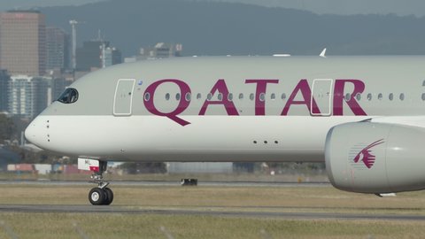 Adelaide, Australia - November 4, 2019: Qatar Airways Airbus A350 long range commercial airliner at Adelaide Airport after arriving from Doha.