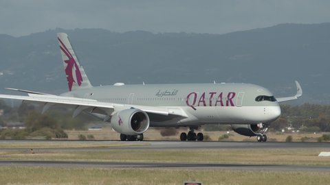 Adelaide, Australia - November 4, 2019: Qatar Airways Airbus A350 long range commercial airliner at Adelaide Airport after arriving from Doha.