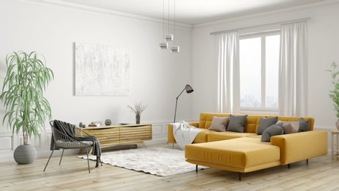 Modern interior design of scandinavian apartment, living room with yellow sofa, sideboard and black armchair 3d animation rendering