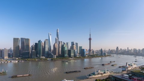 time lapse of shanghai skyline at dusk, beautiful cityscape of pudong financial center ,view from north bund, China