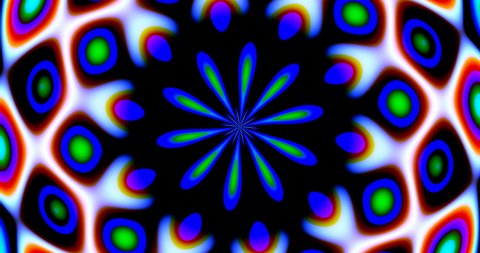 Abstract CGI motion background with expanding/collapsing kaleidoscopic colored shapes like stylized flower (4k 4096x2160 29.97fps).