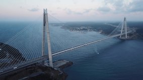 aerial video of Yavuz Sultan Selim Bridge on a cloudy day in Istanbul, Turkey. 3rd Bosphorus Bridge and Northern Marmara Motorway.