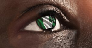 woman black eye in close up with the flag Nigeria in iris with wind motion. video concept