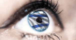 woman blue eye in close up with the flag of Israel in iris with wind motion. video concept