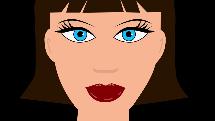 Beautiful Woman Cartoon Face On Black Background , Hand Drawn Brunette Lady With Blue Eyes,  Close-up Shot