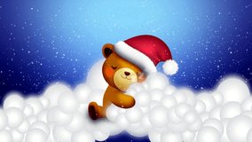 Cute bear cartoon sleeping on cloud and beautiful snow, looped video screen background for a lullaby to put a baby to sleep, calming relaxing