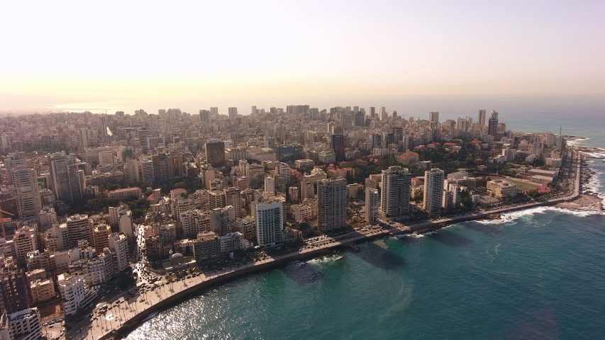 4K forward Aerial drone shot of Beirut skyline at sunrise, Aerial footage of Beirut city Royalty-Free Stock Footage #1042067245
