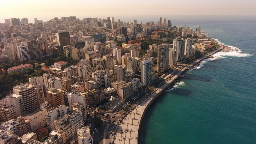 4K forward Aerial drone shot of Beirut skyline at sunrise, Aerial footage of Beirut city Royalty-Free Stock Footage #1042067248