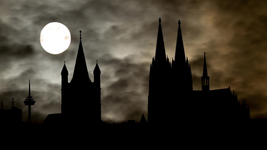 Cologne: Skyline of City, Time Lapse by Night with Full Moon, Gothic Cathedral, Great St. Martin Church and Dark Sky, Germany