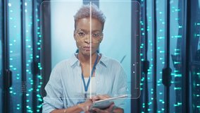 Face ID. Face Detection. Technological 3D Identification Scanning of African Young Female Server Specialist at Secure Data Center. Biometric Facial Recognition with Animation. Concept of Future and - Powered by Shutterstock - Get 15% off with code: PIKWIZARD15