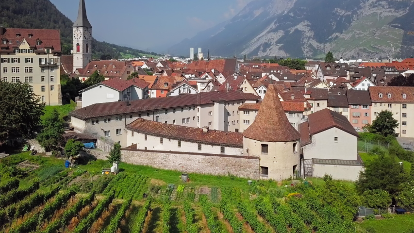 Aerial panorama of Chur (Coire) old town and vineyards, Graubunden, Switzerland.