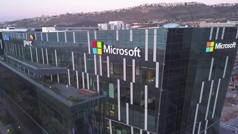 Haifa, Israel - December 1, 2019: Drone shot  of a Microsoft building in Haifa high tech zone.