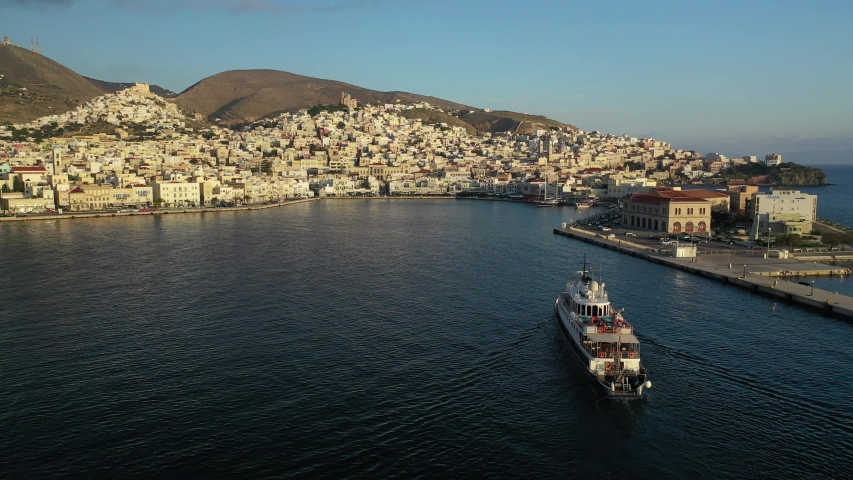 Aerial drone video of picturesque port of Syros or Siros island main town of Ermoupolis, Cyclades, Greece