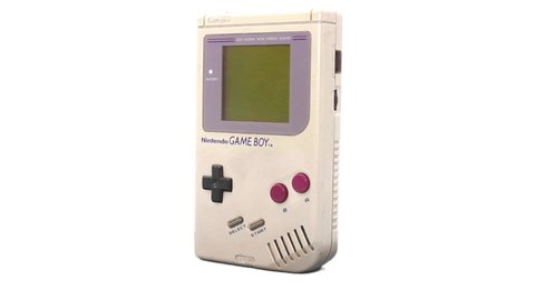 São Paulo, Brazil- September 9, 2019:  A studio video of a Nintendo Game Boy system spinning and  isolated on a white background.
