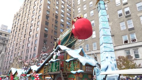 New York City, NY - November 28, 2019: Closeup of Santa's Miss Claus on the Santa's Sleigh Float in the Annual Macy's Thanksgiving Day Parade