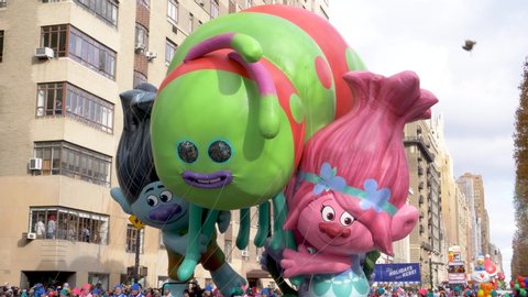 New York City, NY - November 28, 2019: Trolls Balloon floating overhead in the Annual Macy's Thanksgiving Day Parade