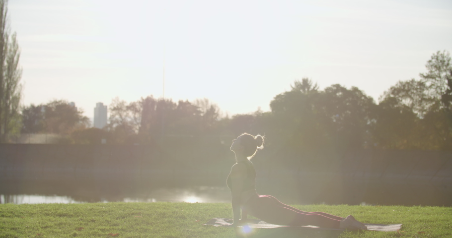Woman Does a Downward Dog Yoga Pose Outdoors on Sunny Day