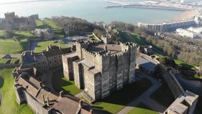 Dover/England.Aerial video from Dover Castle,a Medieval castle in Dover,taken by drone camera.