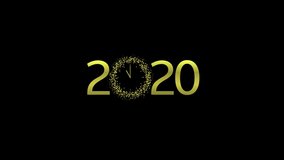 Golden happy new year 2020 and clock face with burst glitter 4K Video