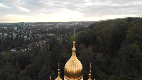 Russian Orthodox Church aerial view in Wiesbaden at sunset, Germany.