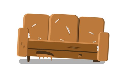 Before and after, old and new damaged large brown sofa. Design of broken upholstered furniture. Isolated animation with alpha channel.