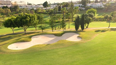 Aerial view of luxury golf course at neighbourhood, Malaga, Spain.