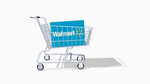 Demand and supply from Walmart. Editorial animation. Business and commerce industry. Pleasant and joyful shopping. Render 3D animation.