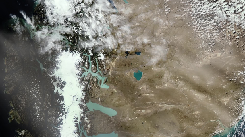 Los Glaciares National Park, Torres del Paine National Park and Southern Patagonian Ice Field in South America from Space, Satellite View. Elements of this Video furnished by NASA. 