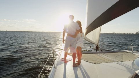 Loving Caucasian Couple Travel Holiday Luxury Yacht Carefree Sailing Success