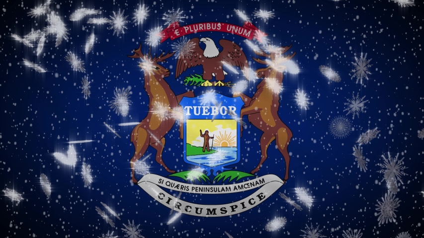 Michigan flag falling snow, New Year and Christmas background, loop