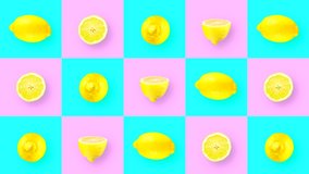 Looping abstract video with rotating lemons on a violet-azure background with squares and cells.