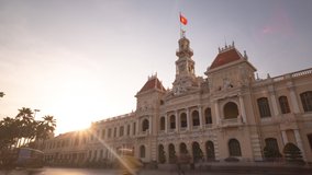 Time lapse or timelapse video panorama view of the Ho Chi Minh City Hall or Ho Chi Minh City People's Committee. People Committee building is famous places for travel in Ho Chi Minh city, Vietnam
