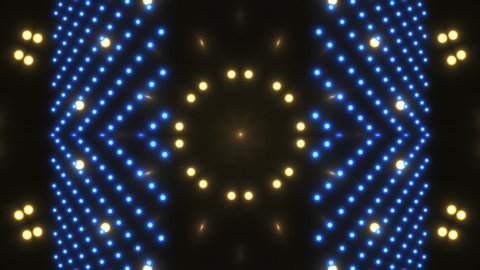 VJ Fractal color kaleidoscopic background. Background blue and gold motion with fractal design on black background. Disco spectrum lights concert spot bulb. Light Tunnel. Seamless loop. 4k