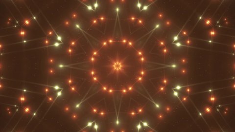 VJ Fractal color kaleidoscopic background. Background red and gold motion with fractal design on black background. Disco spectrum lights concert spot bulb. Light Tunnel. Seamless loop. 4k