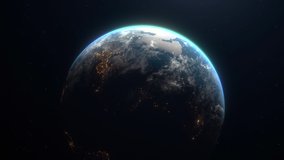 Beautiful sunrise world skyline. Planet earth from space. Planet earth rotating animation. Clip contains space, planet, galaxy, stars, cosmos, sea, earth, sunset, globe. 4k 3D Render.