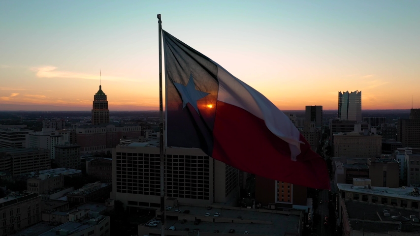 4K Texas Flag San Antonio Skyline Texas Exterior Proud Aerial