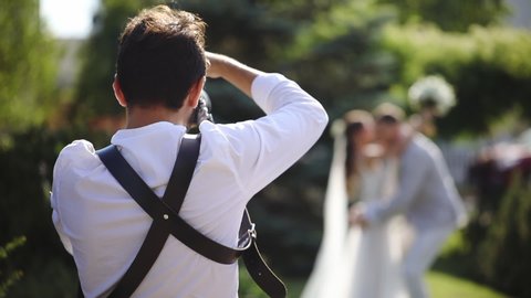 Professional photographer makes photos of wedding couple, green garden background, backside view