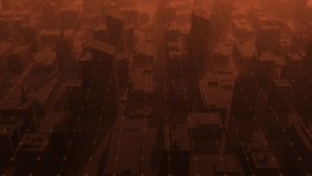 3D render. Dynamic panorama background. Aerial industrial landscape of the city. Rooftops of the buildings. Camera moving through the streets of the city. 4K Video footage in dark brown and red colors